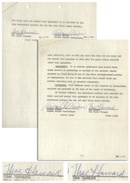 Moe Howard Lot of Two 7pp. Contracts From March 1958, Allowing Norman Maurer to Produce Three Stooges Movies -- Maurer's Copy Additionally Initialed by Moe Throughout -- 8.5'' x 11'', Both Near Fine